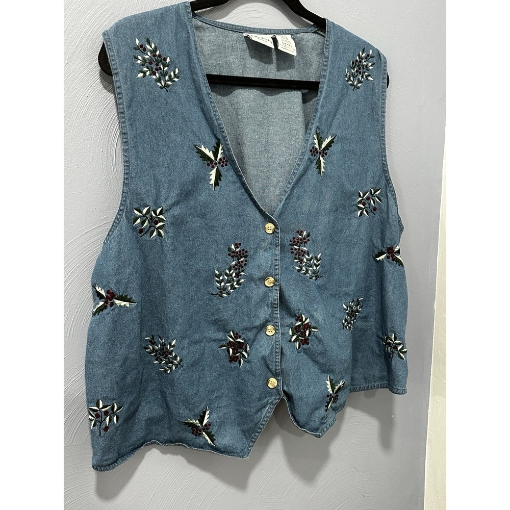 Vintage Bobbie Brooks Denim Christmas Holly Embroidered Vest 22W/24W EUC